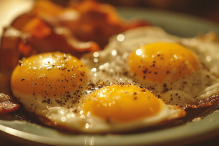 Fried eggs with bacon on a plate. Selective focus.の素材