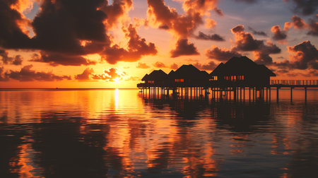 Beautiful sunset at Maldives islands with water bungalows.の素材