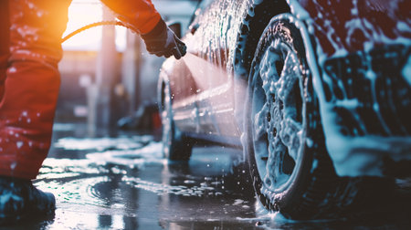 Washing car with high pressure water and foam at car wash.の素材