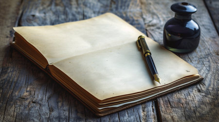 Old book, fountain pen and inkwell on old wooden table.の素材