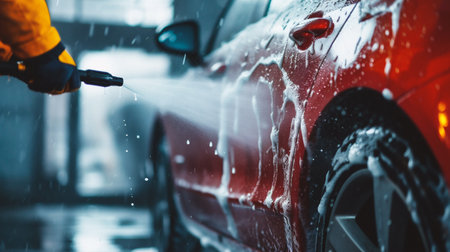 Car wash with high pressure water. Cleaning car with high pressure water.の素材