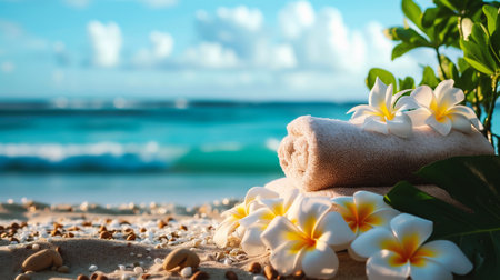 Towels and plumeria flowers on tropical beach. Spa resort conceptの素材