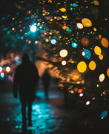 Blurred silhouette of a man on a city street at night.の素材