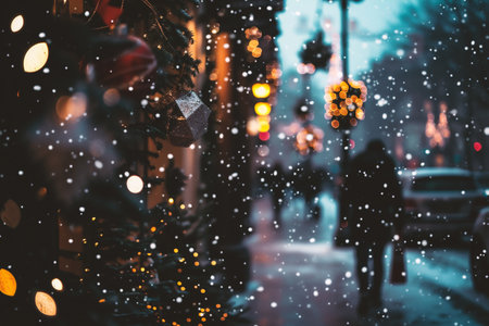 Christmas and New Year holidays background. Festive decorations on the streets of the city.の素材