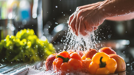Close up of female hands washing fresh fruits in kitchen with water splash.の素材