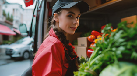 young delivery woman in cap and red uniform holding fresh vegetables in vanの素材