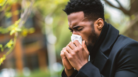 sick african american man sneezing in tissue outdoorsの素材