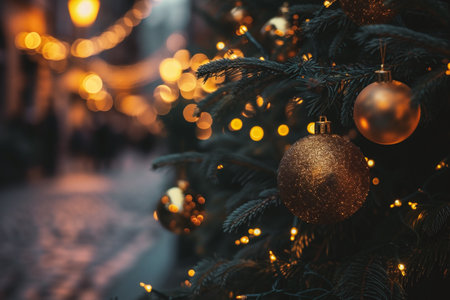 Decorated Christmas tree with golden baubles on blurred backgroundの素材