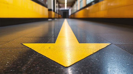 Yellow arrow on the floor of a subway station. Abstract background.の素材