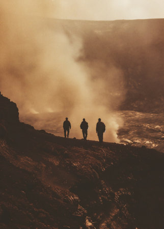 Silhouettes of hikers on a cliffの素材