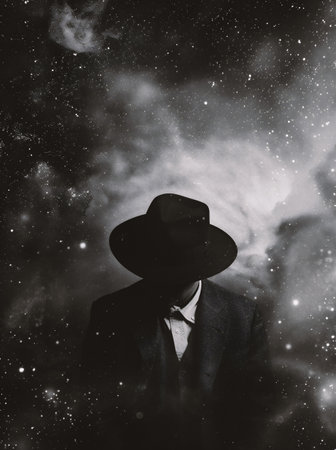 Man in a hat and a suit against the background of the night sky.の素材
