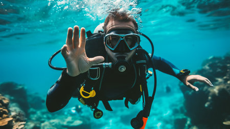 Scuba diver in mask showing stop gesture while diving in the seaの素材