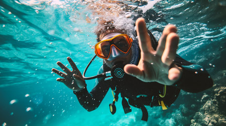 Scuba diver showing stop gesture with his hands in the blue seaの素材