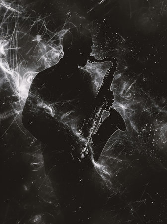 Saxophone player on a black background with lights and smoke. Black and whiteの素材
