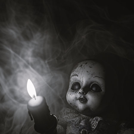 Creepy Halloween doll with burning candle on dark toned backgroundの素材