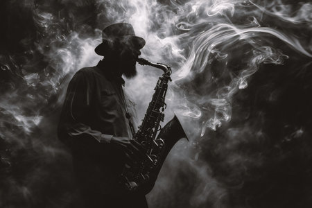 saxophonist in black hat with saxophone on smoke backgroundの素材
