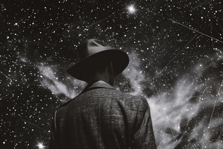A man in a black hat looks at the starry sky.の素材
