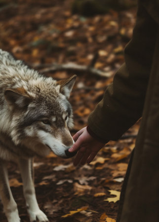 Man's hand stroking a wolf in the forest. Selective focus.の素材