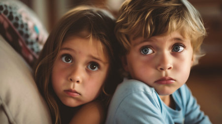 Portrait of two scaredlittle kids looking at camera in living room at homeの素材