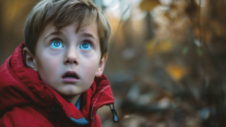 Portrait of a little boy in a red jacket in the autumn forestの素材