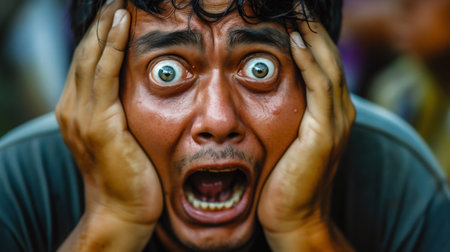 Close up portrait of a scared Asian man with his hands on his face.の素材