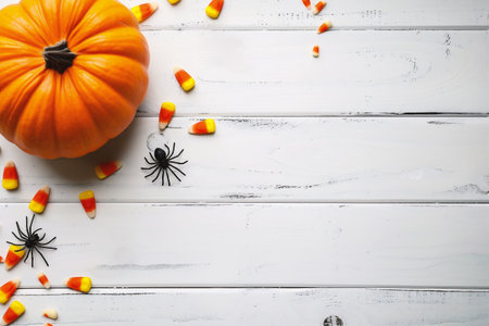 Halloween background with pumpkins and candy corn on white wooden tableの素材
