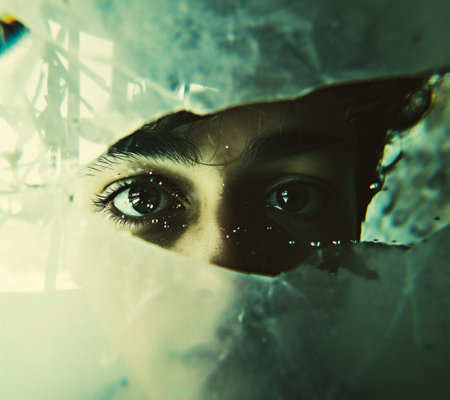 person looking through hole in windowの素材