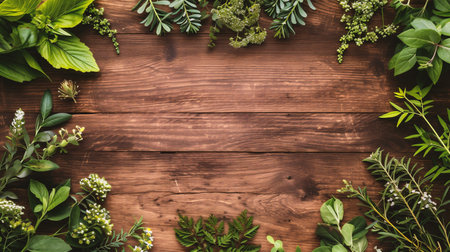 Top view of fresh herbs on wooden background with copy space, flat layの素材