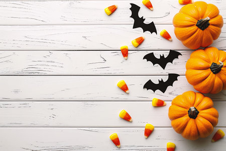 Halloween pumpkins and candy corn on white wooden table. Top view with copy spaceの素材