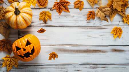 Halloween pumpkins and autumn leaves on white wooden background, copy spaceの素材