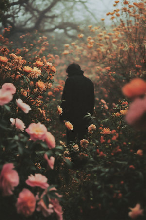 A man walking through a blooming garden in the morning. Vintage styleの素材