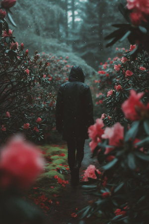 A man walking through a rhododendron garden in the rainの素材