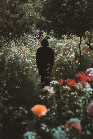 Silhouette of a man standing in the garden with flowers.の素材