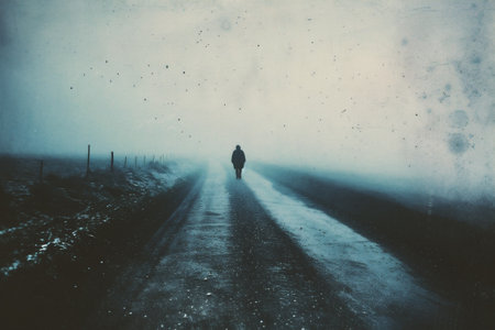 Man walking on a country road in foggy day. Grunge effect.の素材