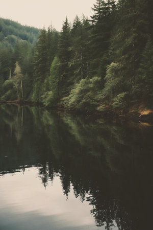 Beautiful landscape with lake and forest in the mountains - retro vintage effectの素材