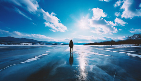 Man standing on frozen lake in winter. Beautiful winter landscape with frozen lake.の素材