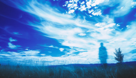 Silhouette of a man walking in the field against blue skyの素材