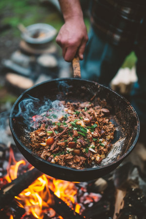 Fried meat in a frying pan on the fire in the forestの素材