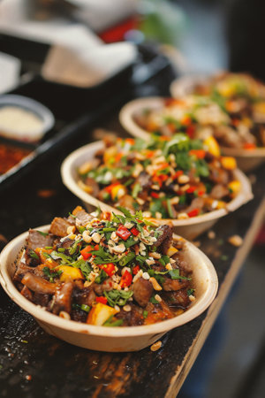 Close up of spicy salad with beef and vegetables in bowl on tableの素材