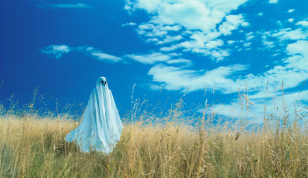 Halloween theme: ghost in the field with blue sky and cloudsの素材