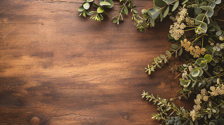 Eucalyptus branches on wooden background with copy space.の素材