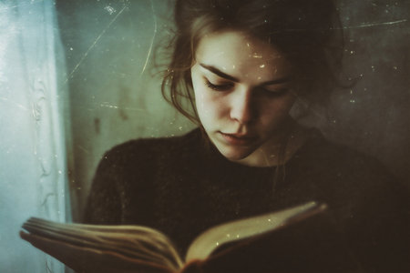Sad young woman reading a book by the window. Depression, mental health concept.の素材