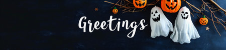 Banner of Happy Halloween text with pumpkins on dark blue backgroundの素材