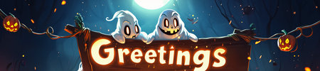 Halloween banner with pumpkins and ghosts. Vector illustration in cartoon styleの素材