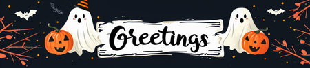 Halloween banner with pumpkins, ghosts and lettering. Vector illustrationの素材