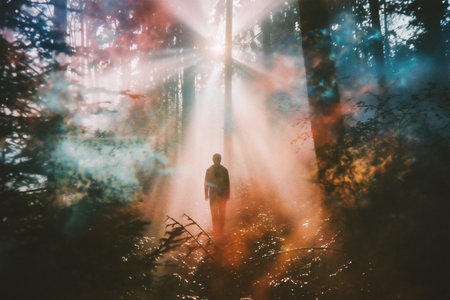Man in the forest with rays of light. Photo in old color image styleの素材