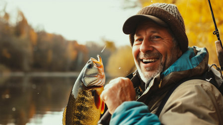 Happy fisherman holding big fish in his hands and fishing in autumn forest.の素材