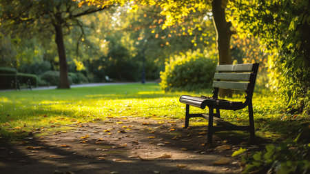 Bench in a park at sunset with sunbeams and yellow leavesの素材