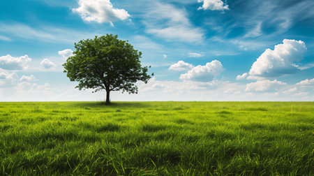 Green meadow and lonely tree on blue sky background. Nature composition.の素材