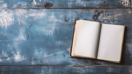 Top view of open book on blue wooden background with copy space.の素材